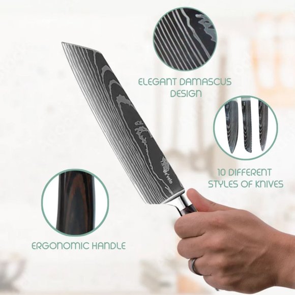 10 Piece Damascus Pattern Kitchen Knife Set - Picture 2 of 5